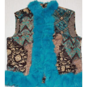 D Studio Brown & Blue Cotton Rabbit Fur Trim Cropped Vest Women's Size S